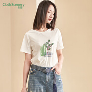 布景T恤女夏季新品純色圓領(lǐng)短袖胸前印花風(fēng)景裝飾套頭衫 白色 M