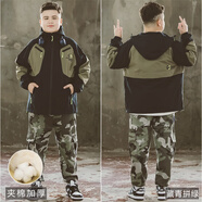 細仔碼頭胖童裝男童連帽外套青少年男孩運動(dòng)休閑風(fēng)衣夾克加肥加大童沖鋒潮 軍綠色夾棉加厚 170 身高160-175CM體重130-150斤