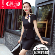 慕淘 新款職業(yè)套裝女短袖西裝套裙夏季修身OL氣質(zhì)美容院酒店商務(wù)連衣裙 黑色（西裝+半裙） M