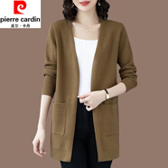 皮爾卡丹（pierre cardin）春秋新款羊毛開衫女中長款毛衣外套披肩外搭寬松顯瘦羊絨針織衫 軍綠 M 建議90-105斤
