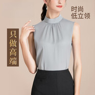 路施南白色雪紡無袖襯衫女士木耳邊立領(lǐng)網(wǎng)紗襯衣職業(yè)內(nèi)搭打底衫上衣 灰色高領(lǐng) L955 XL