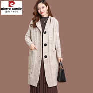 皮爾卡丹（pierre cardin）羊毛針織開(kāi)衫中長(zhǎng)款女士碼大秋冬裝加厚過(guò)膝連帽大衣洋氣毛衣外套 杏色 XL