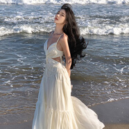 以歐（YIOU）2024新款海邊三亞旅游大裙擺暈染色蝴蝶吊帶連衣裙兩色女5150 杏色 S