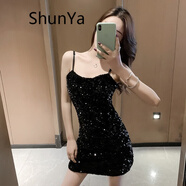 shunya 香港潮牌 性感吊帶裙夏季新款小黑裙黑色亮片包臀裙子韓版顯瘦小個(gè)子禮服短款連衣裙 單件吊帶裙 S