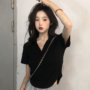 蘭威費(fèi)雷辣妹正肩顯瘦V領(lǐng)短袖t恤女夏季設(shè)計(jì)感小眾弧形下擺短款上衣SN 黑色 XL 建議【120斤以下】