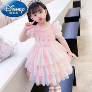 迪士尼（Disney）女童連衣裙夏季新款2024女孩洋氣愛莎公主裙冰雪奇緣蓬蓬紗禮服裙 粉色 130:建議身高112-122厘米