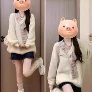 帛飾衣櫥日系休閑圍脖拼接V領(lǐng)毛衣女設(shè)計(jì)感針織衫百搭早秋chic上衣 米白色 XL