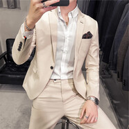 布知凡幾休閑西裝男外套西服套裝男士面試春秋季韓版潮流修身大碼結(jié)婚禮服 米白色-三件套(衣服+襯衫+褲子) XL
