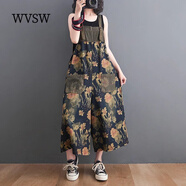 WVSW輕奢潮牌減齡印花牛仔背帶褲女春夏季2023新款洋氣吊帶闊腿連體褲 深藍(lán)色 XXL【建議155-185斤】