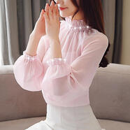 亞貝梵22年春秋新款韓版修身百搭燈籠袖歐洲站甜美雪紡衫釘珠長(cháng)袖上衣女 粉色【加背心】 S建議80-95斤