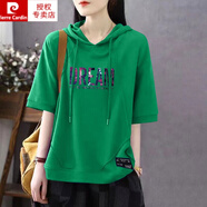 皮爾卡丹（pierre cardin）棉短袖連帽夏季新款寬松半袖衛(wèi)衣衫薄款時(shí)尚洋氣減齡寬松顯瘦短袖 綠色-星空字母 4XL (建議175-200斤)