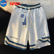 NASA MARVEL 官方联名美式复古篮球短裤男潮ins原宿风宽松薄款阔腿运动五分裤 白色 M