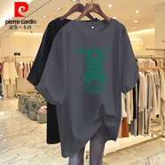 皮爾卡丹（pierre cardin）特大碼300斤純棉小熊印花短袖t恤女2024夏季新款遮屁股中長款上衣 深灰色 5XL190-230