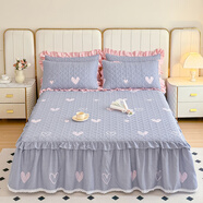 南極人純棉夾棉床裙單件加厚花邊全棉床笠式床罩防滑床單防塵床墊保護套 告白情書(shū)-藍 1.5m床裙款四件套-被套180*220cm