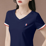 t恤女2025年夏季新款修身顯瘦V領(lǐng)女士半袖上衣韓版繡花棉休閑短袖 82320044款寶藍 XL【110-120斤】
