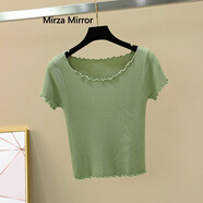 Mirza Mirror夏季短袖冰絲針織T恤女修身顯瘦木耳邊高腰短款露肚臍鎖骨上衣薄 牛油果綠 M