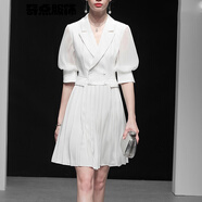 連衣裙女長(cháng)裙修身顯瘦雪紡裙子夏季2021新款女裝氣質(zhì)知性收腰西裝裙子收腰顯瘦中長(cháng)款百褶雪紡裙 白色 M