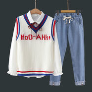 腿中狼初中生早春毛衣背心襯衫三件套學(xué)院風(fēng)中學(xué)生針織馬甲日系寬松少女 HOO杏色+兔子牛仔褲 XS (建議50-65斤)