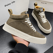 百狄（BYETIVE）鞋子男新款高幫板鞋男冬季加絨工裝鞋男百搭磨砂皮面運動(dòng)休閑鞋男 暗咖色(加絨) 42皮鞋碼