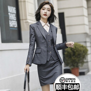 慕淘 2020春秋新款職業(yè)套裝女白領(lǐng)套裝套裙工裝制服氣質(zhì)珠寶店美容院酒店工作服收腰條紋西修身時(shí)尚 灰色條紋西裝+襯衫+半身裙=三件套 XXL