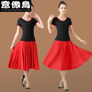 廣場(chǎng)舞大媽服裝跳舞套裝中老年舞蹈短袖半身裙夏季交誼舞演出服女 圓領(lǐng)黑紅短袖+紅色中裙(不帶褲) L