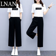 LNAN女裝七分闊腿褲女2025夏季新款韓版黑色薄款高腰垂感休閑褲 黑色九分 九分褲 L 建議103-112斤