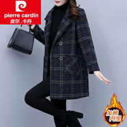 皮爾卡丹（pierre cardin）女裝毛呢外套女士春秋冬季2025年新款小個(gè)子加棉加厚格子中長(cháng)呢子 藍色加棉內里 XL 115-130斤