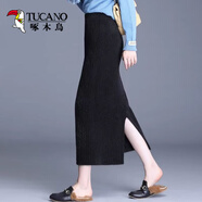 啄木鳥(niǎo)針織半身裙女2025春秋新款加長(cháng)包臀裙冬季加厚保暖高腰毛線(xiàn)長(cháng)裙子 黑開(kāi)叉 ----（80厘米左右） L 105-120斤