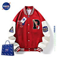 NASA LIKE官方外套春秋季美式毛巾繡棒球服男女情侶撞色拼接飛行員男士夾克 P字紅色 M （建議90-110斤）