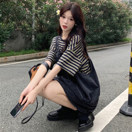 櫻欖大碼條紋牛仔背帶裙套裝女2023年夏新款胖MM可甜可鹽連衣裙兩件套 圖片色 L建議100-120斤