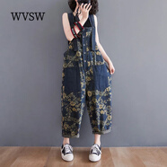 WVSW輕奢潮牌減齡印花牛仔背帶褲女夏季2023新款洋氣吊帶闊腿連體褲子 藍(lán)色 M【建議90-110斤】