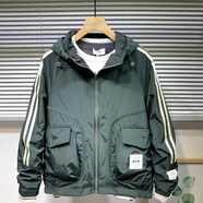 NPZ輕奢潮牌 拼接短款外套男士秋冬新款休閑中青年連帽夾克春上衣服 綠色 2XL