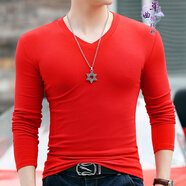 單曲循環(huán) 潮牌春秋裝緊身內搭打底衫男士長(cháng)袖T恤V領(lǐng)修身純色上衣 紅色 L （120斤左右穿）