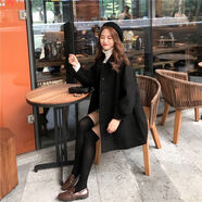 沐悠羽新款秋冬毛呢外套女中長款韓版寬松甜美收腰學生百搭呢子大衣 黑色常規(guī)款 S