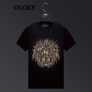OLOEY 樂樂兔香港潮牌獅子頭燙鉆t恤男潮流休閑大碼體恤衫絲光棉短袖修身打底衣男 黑色 XXL