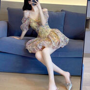 回姿廣州十三行夏天連衣裙新款高檔品牌特價(jià)夏季短裙碎花女法式氣質(zhì)名 黃色 L