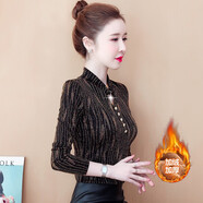 歌蜜奴 打底衫女秋冬新品女裝長(cháng)袖蕾絲衫加絨韓版寬松大尺碼女士上衣潮 黑色加絨 S