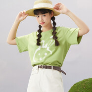 紫涵（ZIHAN）夏季米色T恤寬松純棉短袖女打底衫內搭印花圓領(lǐng)上衣韓版甜美 青橙綠 S