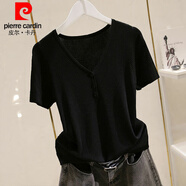 皮爾卡丹（pierre cardin）冰絲短袖t恤女針織衫2024夏季新款潮百搭薄款V領(lǐng)顯瘦打底上衣外穿 黑色冰絲面料 XL 建議110-120斤