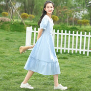 BMOI娃娃領(lǐng)學(xué)院風(fēng)少女連衣裙夏季初中學(xué)生高中女生夏裝長款過膝長裙子 淺藍色 S 70-90斤