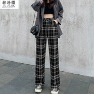 林洛蝶 黑白格子闊腿褲子女寬松直筒顯瘦百搭休閑春秋季高腰秋冬西裝長褲 黑白格子【松緊腰】有口袋 M