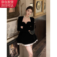 宙馨法式復(fù)古絲絨禮服連衣裙女春秋赫本風(fēng)晚禮服高級(jí)感小黑裙 黑色 L