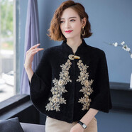 繼方（JIFANG）秋冬季旗袍貂絨披肩女外套釘珠小斗篷百搭加厚紅色婚禮披肩送媽媽 釘珠款-黑色