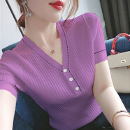 朵伶詩兒冰絲V領(lǐng)短袖t恤女夏新款韓版百搭修身顯瘦紐扣拼接針織衫上衣薄款 紫色 L碼(建議100-110斤)