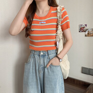 KAHTOP2025夏新款韓版短袖針織衫夏季女修身短款條紋上衣女裝打底衫BLL 桔色 均碼 【75斤-120斤】