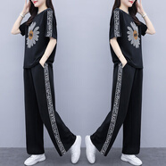 品匯菲大碼女裝套裝胖妹妹夏季上衣微胖mm顯瘦時(shí)尚小雛菊燙鉆休閑兩件套 黑色 薄款 七分褲 5XL 大建儀180-200斤