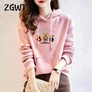 ZGWT輕奢高檔品牌小熊連帽衛(wèi)衣女寬松春秋新款時尚外套百搭加絨上衣服 連帽-粉色【不加絨】-三只小熊 XL 碼【建議110-120斤】