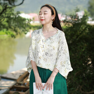 亂在江南碎花文藝范苧麻襯衫女夏季新品寬松清新休閑上衣 花色 均碼
