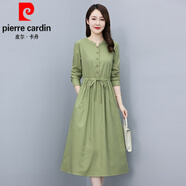 皮爾卡丹（pierre cardin）純棉長(cháng)袖連衣裙2025春秋新款收腰顯瘦氣質(zhì)中長(cháng)款純色棉麻休閑長(cháng)裙 果綠色 2XL
