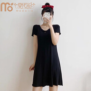 莫代爾 帶胸墊睡裙女夏季莫代爾棉2022新款連衣裙寬松大碼胖MM200斤 黑色(帶胸墊bra) 9101無(wú)口袋款 5XL 【190-210斤】